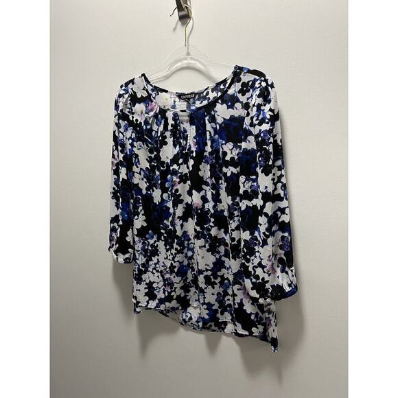 Express Top Women Medium Black Floral 3/4 Sleeve Blouse Chiffon Cut Out - Picture 9 of 14